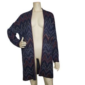 Lucky Brand Blue Aztec Southwestern Wool Blend Long Sweater Cardigan Size Medium